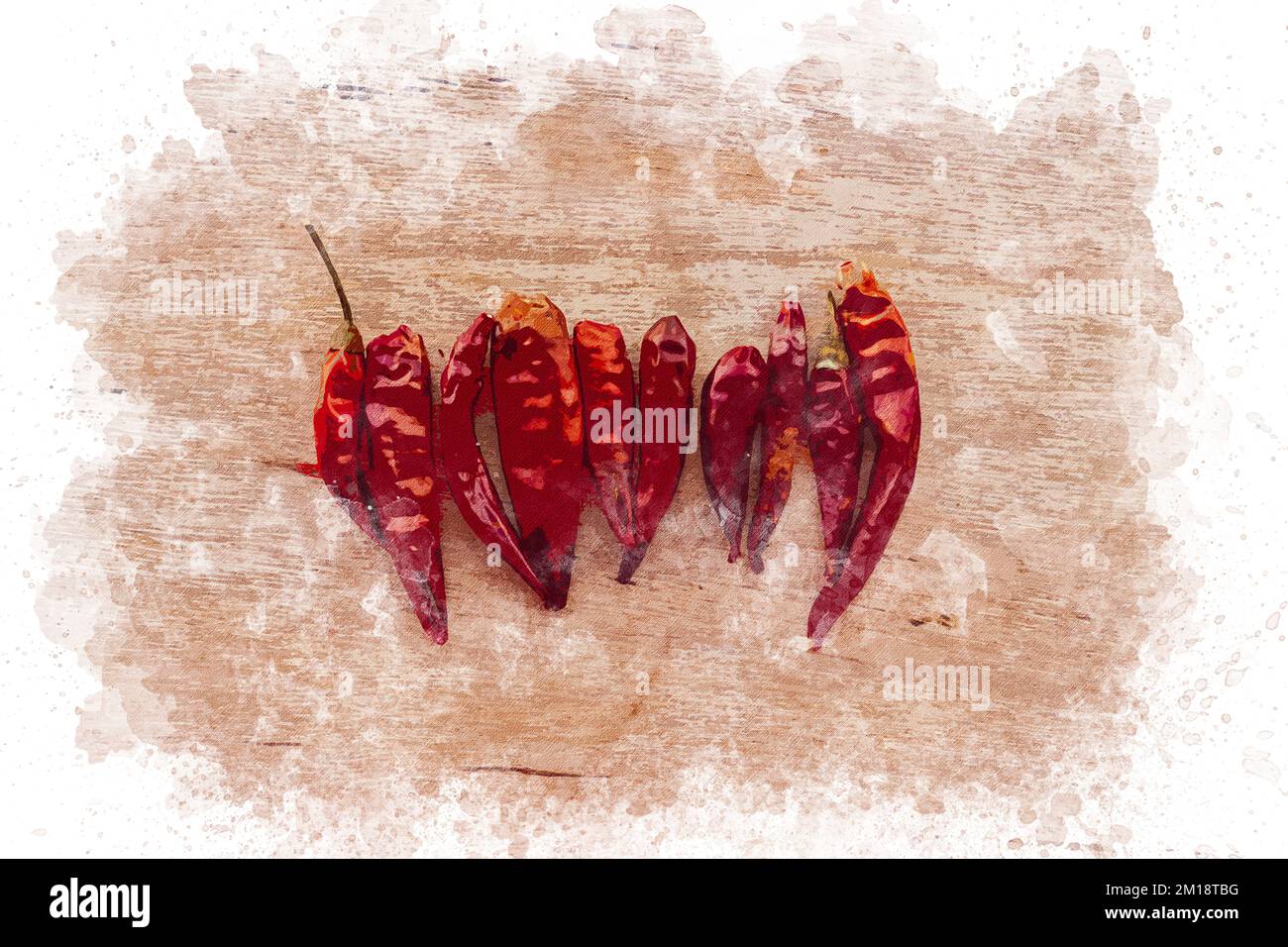 Acquerello di peperoni rossi. Gruppo di peperoni rossi in cayenne acquerello illustrazione grafica artistica. Foto Stock