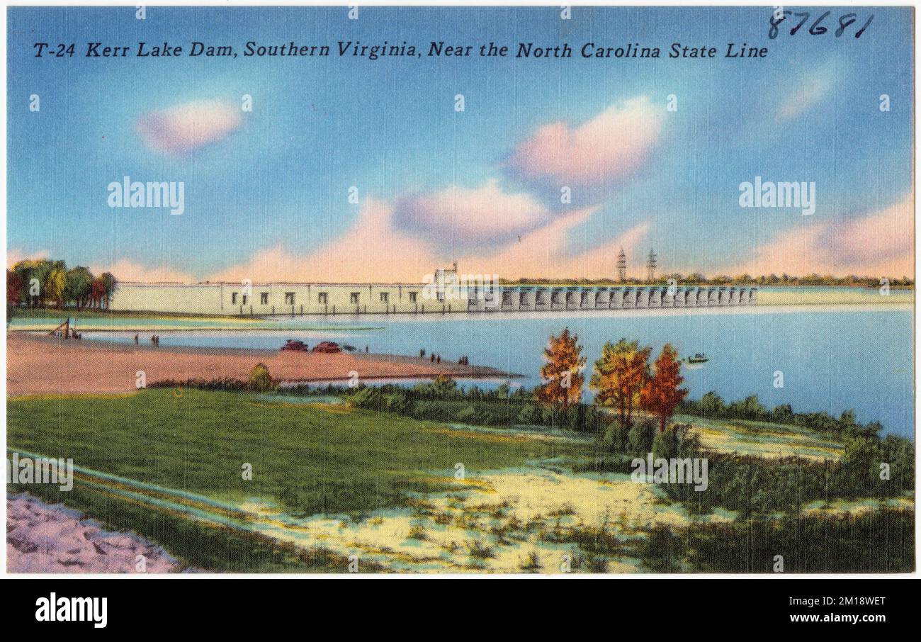 T-24. Kerr Lake Dam, Virginia meridionale, vicino alla linea di stato del North Carolina, dighe, Tichnor Brothers Collection, cartoline degli Stati Uniti Foto Stock