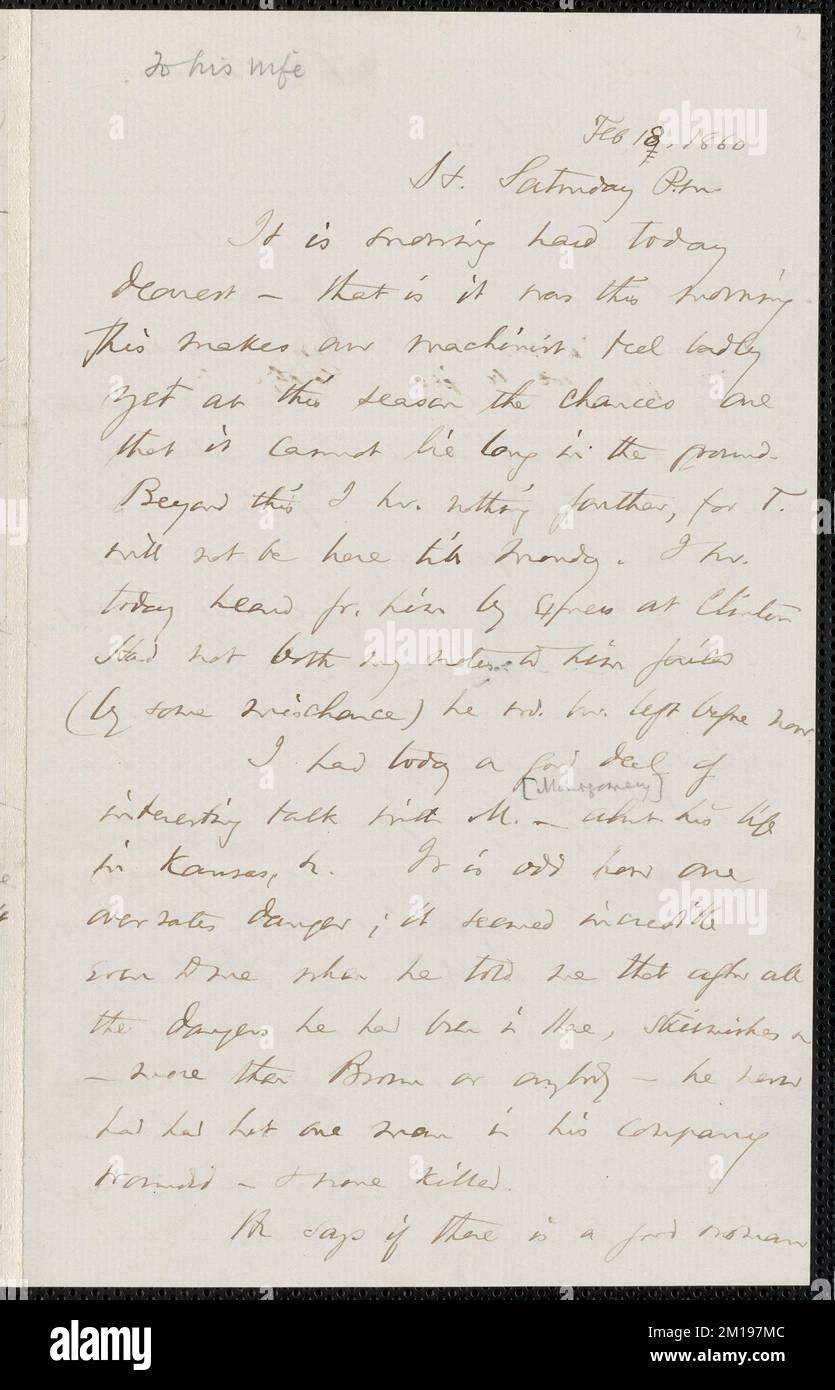 Lettera autografica Thomas Wentworth Higginson a [Mary Elizabeth Channing Higginson, Harrisburg, PA], 18 febbraio 1860 , abolizionisti, Stati Uniti, movimenti antislavery, Stati Uniti, Storia, 19th ° secolo, Harpers Ferry W. Virginia, Storia, RAID di John Brown, 1859, Montgomery, James, 1814-1871. John Brown- corrispondenza relativa a John Brown e al raid su Harpers Ferry Foto Stock