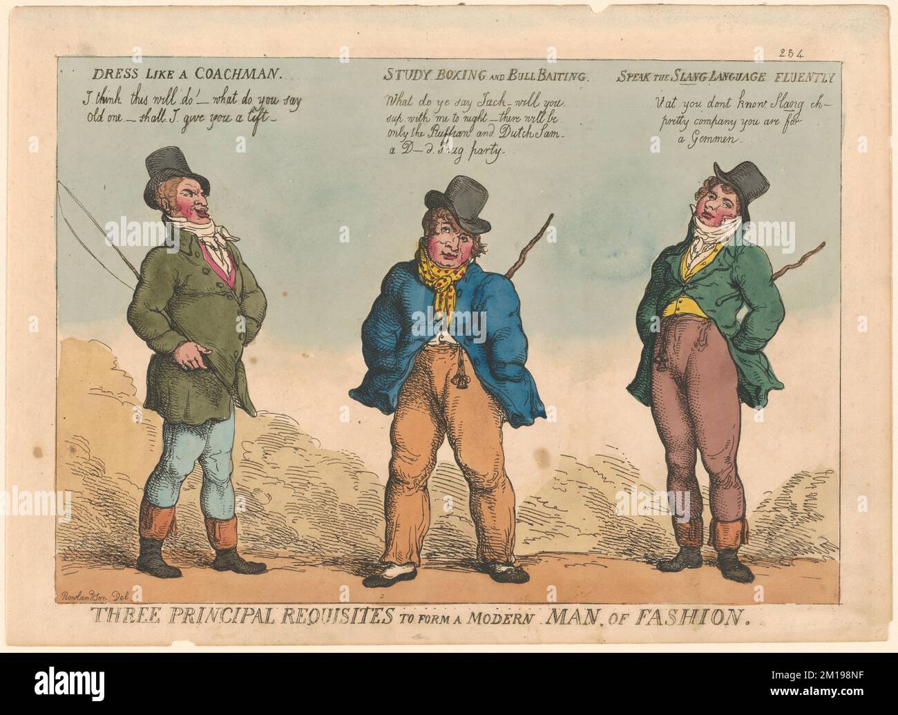 Tre requisiti principali per formare un uomo moderno di moda : vestire come un cocchiere ; studiare boxe e toro-baiting ; parlare fluentemente il linguaggio slang , Dandies. Thomas Rowlandson (1756-1827). Stampe e disegni Foto Stock