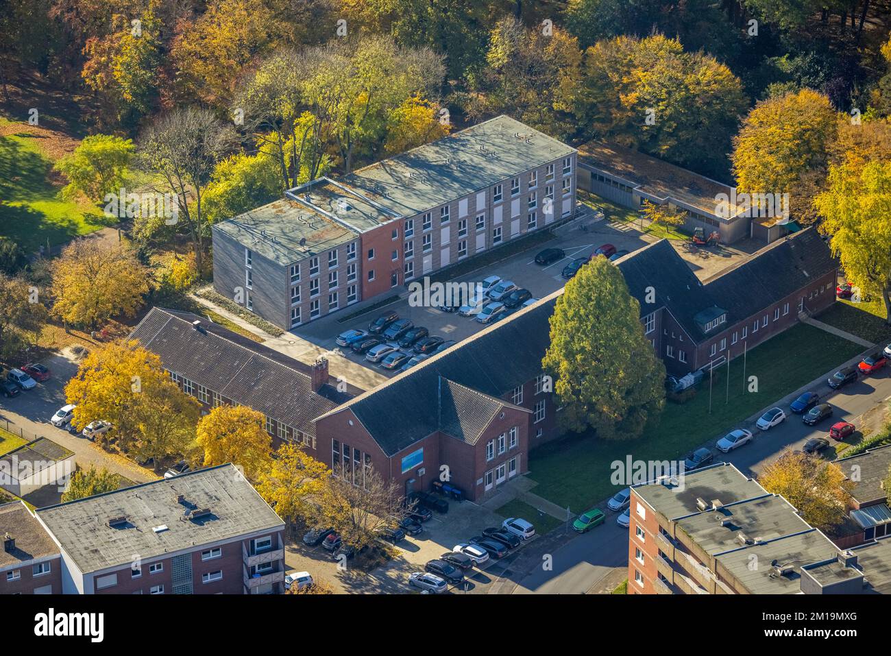 Veduta aerea, scuola correttiva NRW JVS Hamm ed ex Friedrich-List-Berufskolleg nel distretto di Bockum-Hövel ad Hamm, nella regione della Ruhr, Nord Reno-W. Foto Stock