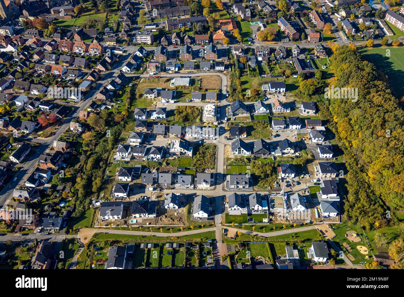 Vista aerea, nuovo edificio residenziale parco Schulze-Everding Everdings Hof nel quartiere di Bockum-Hövel a Hamm, zona Ruhr, Renania settentrionale-Vestfalia, Foto Stock