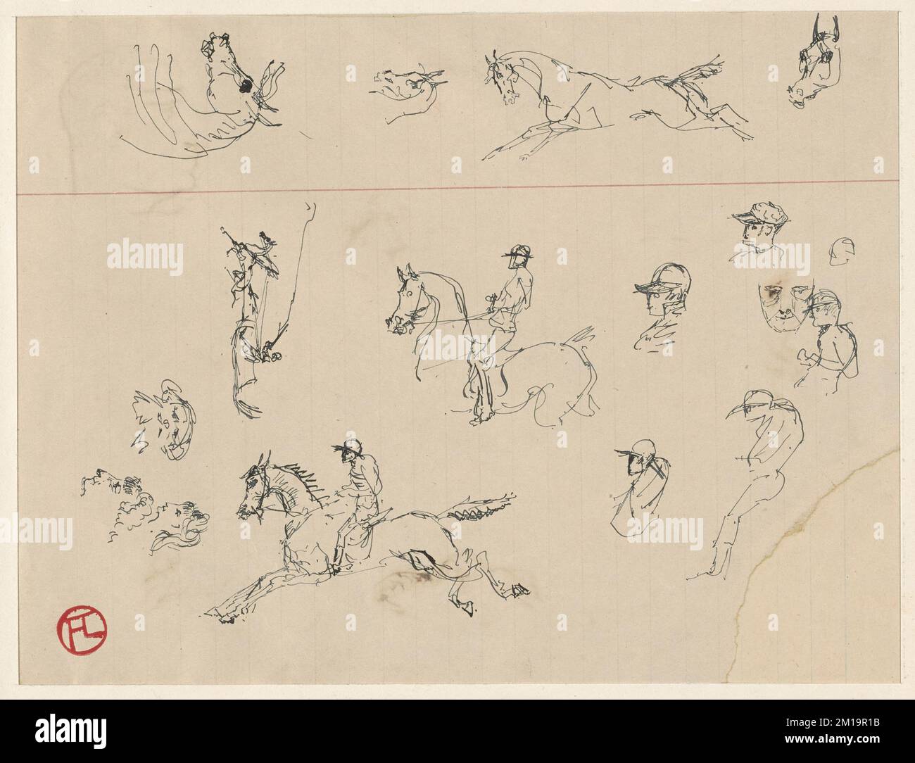 Addestramento dei cavalli; in verso, studi di testa di uomini e animali, due bozzetti di uomini con violino , cavalli, equitazione, violini. Henri de Toulouse-Lautrec (1864-1901). Stampe e disegni Foto Stock