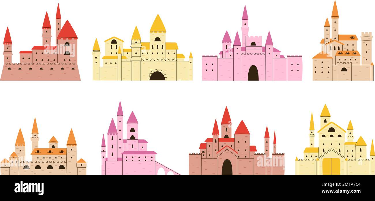 Set esterno castelli di cartone animato. Doodle palazzo medievale, isolate torri e bastioni castello piatto. Principessa fiaba edifici, decente vettore antico Illustrazione Vettoriale