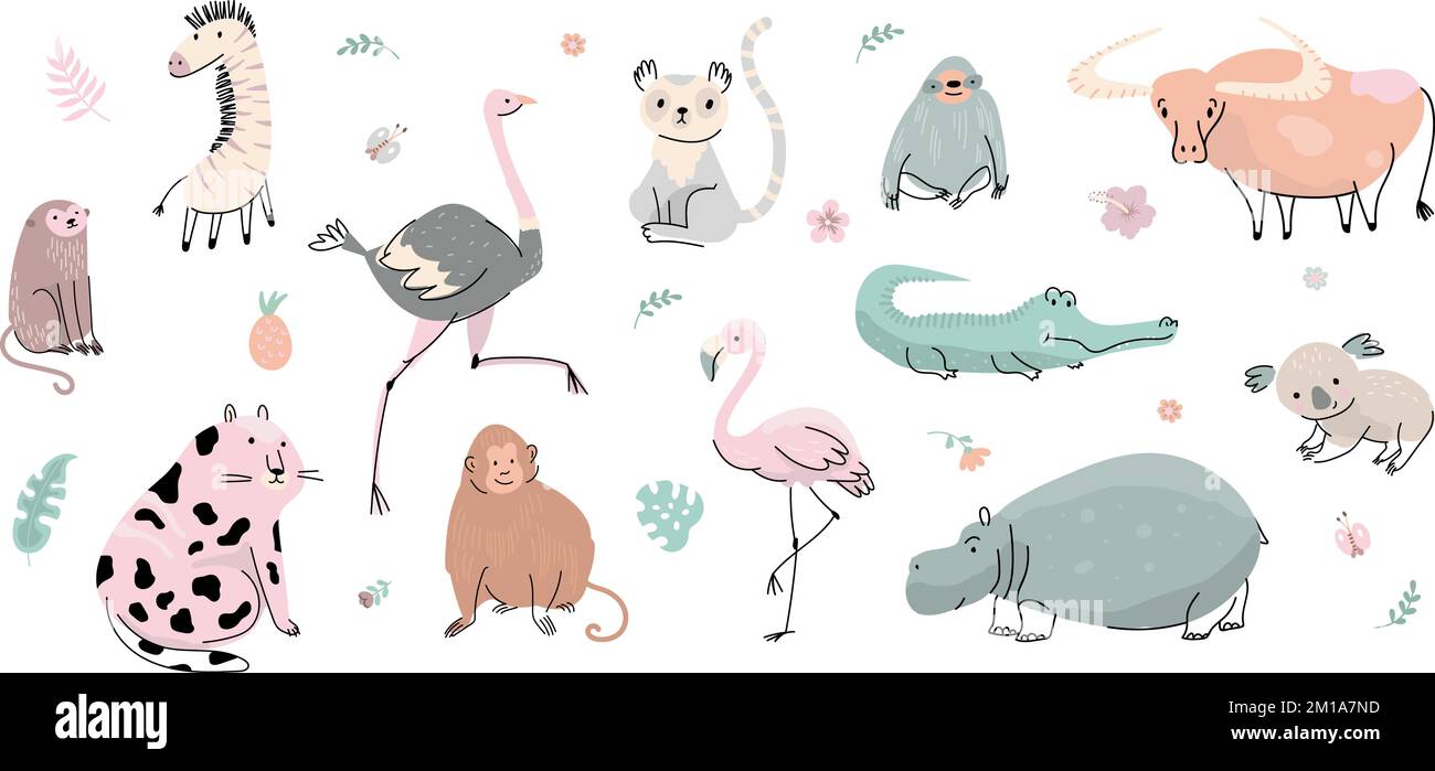 Simpatici personaggi animali selvatici. Zebra koala e ippopotamo, tigre piatta grassa. Divertenti animali infantili, cartone animato isolato safari africano oggi kit vettore Illustrazione Vettoriale