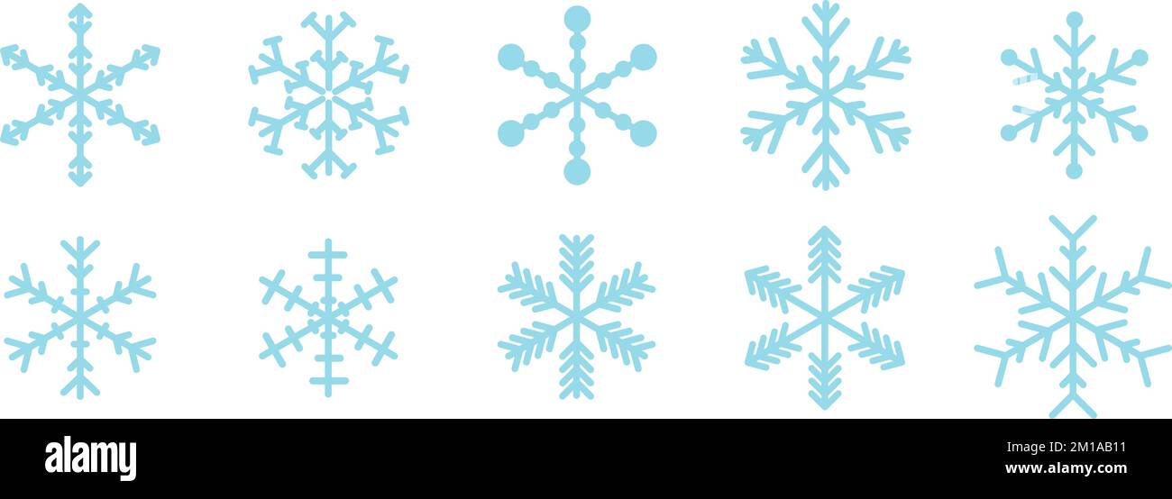 Una serie di fiocchi di neve. Illustrazione vettoriale di fiocchi di neve su uno sfondo ritagliato. Pezzo da lavorare. Illustrazione Vettoriale