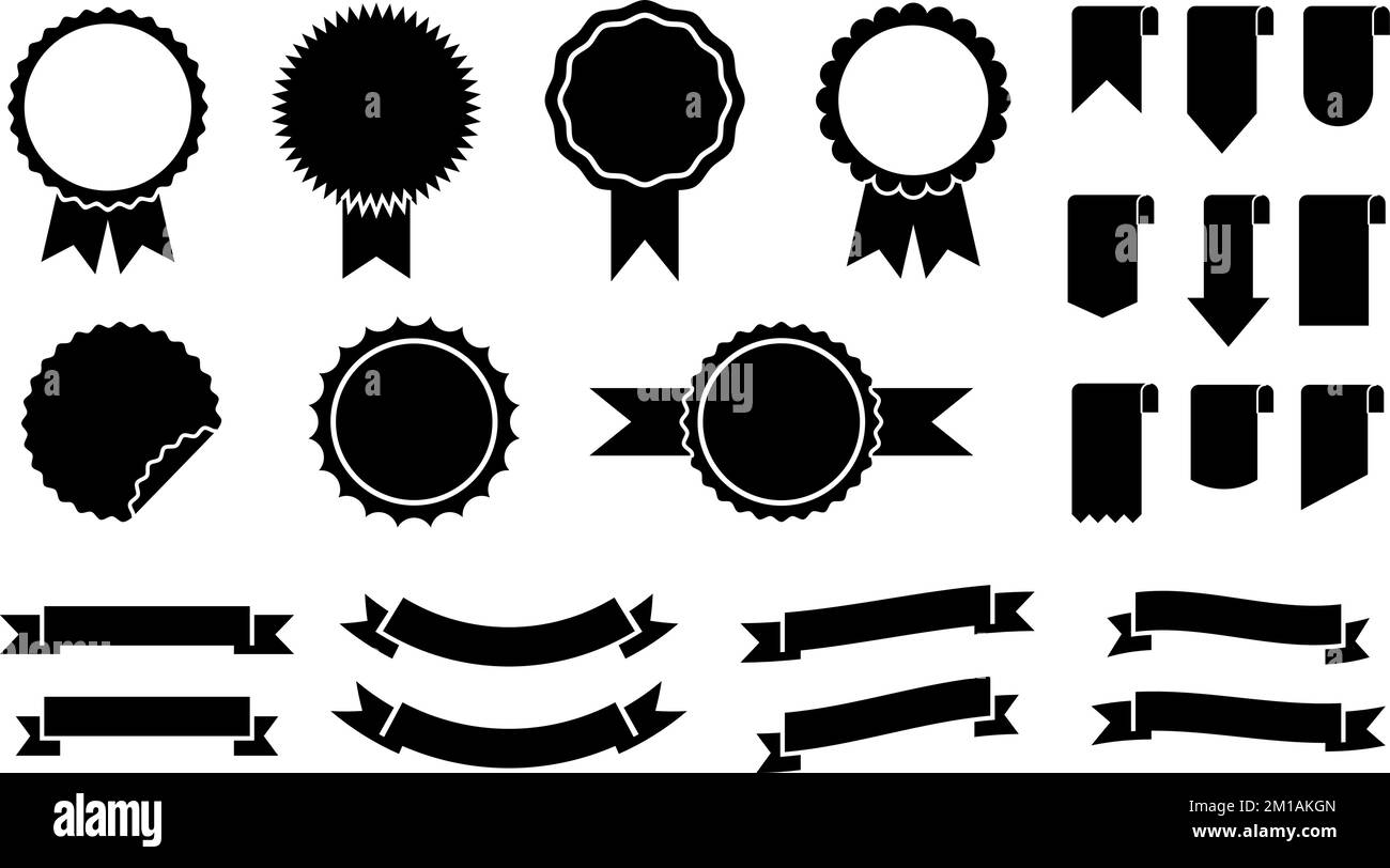Nastri e badge neri, silhouette grafiche vincitrici. Nastro decorativo isolato per striscioni, volantini. Business, concorrenza, vettore educativo Illustrazione Vettoriale