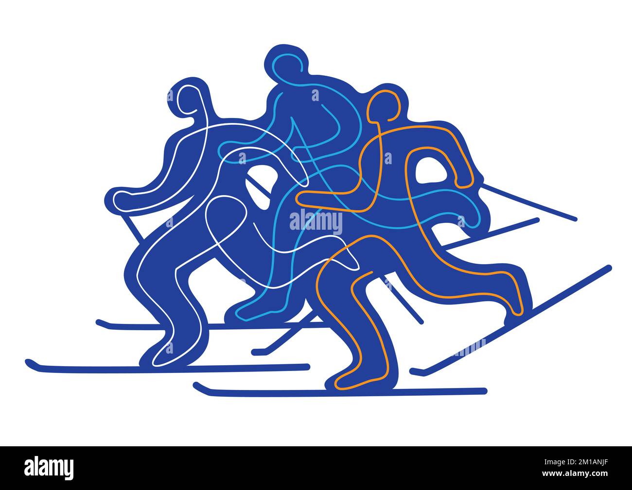 Sci di fondo, sci alp, competizione, line art llustrazione di silhouette blu dei concorrenti di sci nordico. Disegno a linea continua. Illustrazione Vettoriale