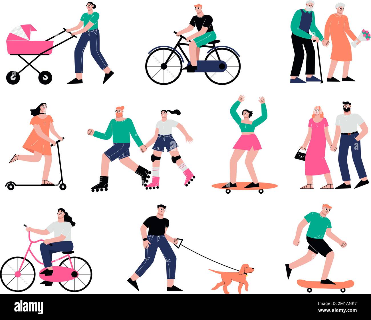 Persone estate a piedi sulla strada. Giovani adulti su scooter e skateboard, adulti e anziani. Cane a piedi, coppia e adolescenti sapidi caratteri vettoriali Illustrazione Vettoriale