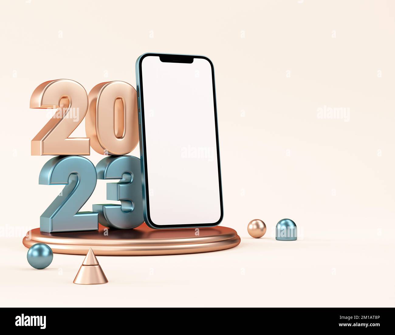 2023 nuovo anno cellulare schermo vuoto mockup con numeri metallici in rendering 3D realistico Foto Stock