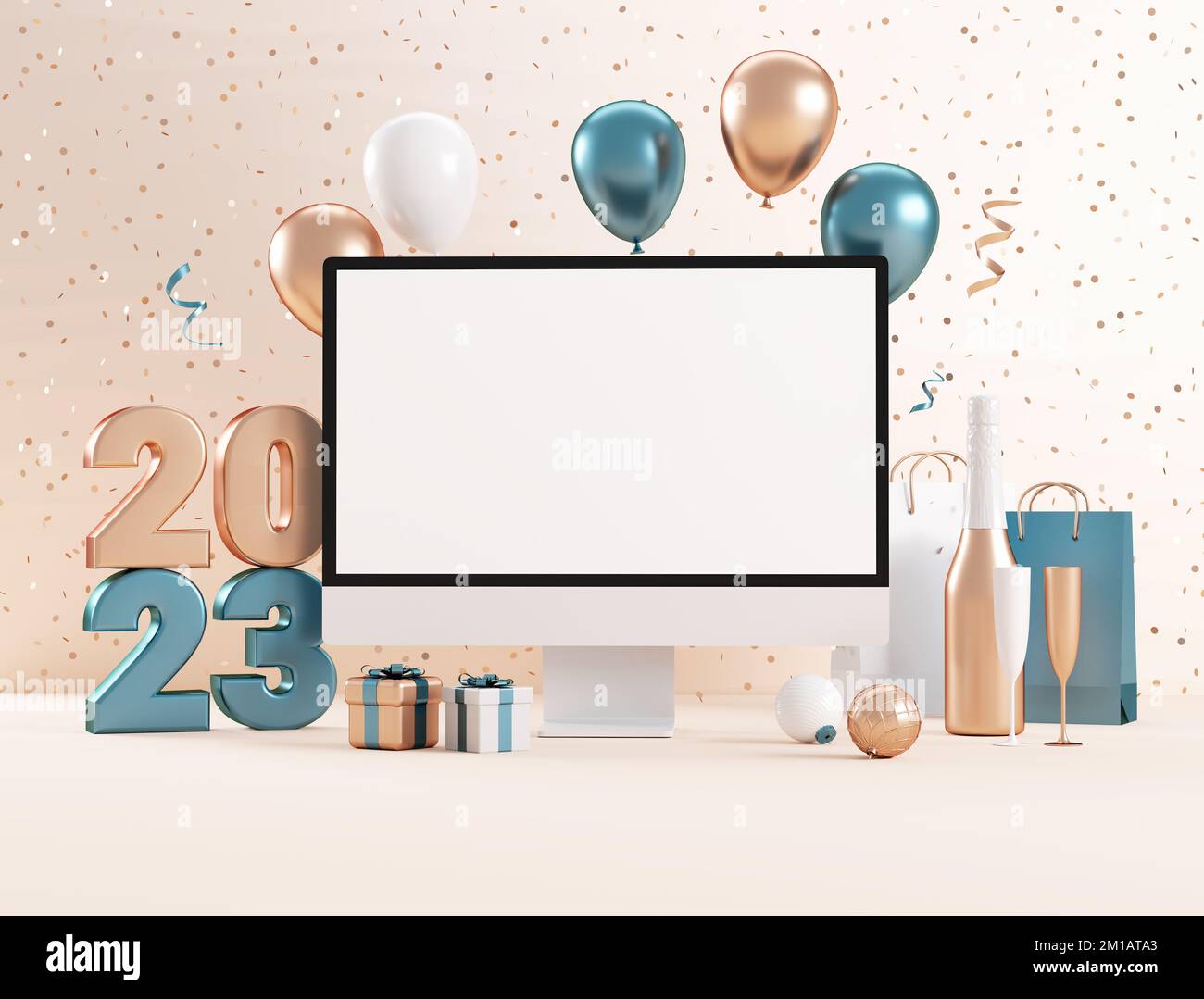 2023 nuovo anno computer schermo vuoto beffa con roba festivo e numeri metallici in 3D illustrazione Foto Stock