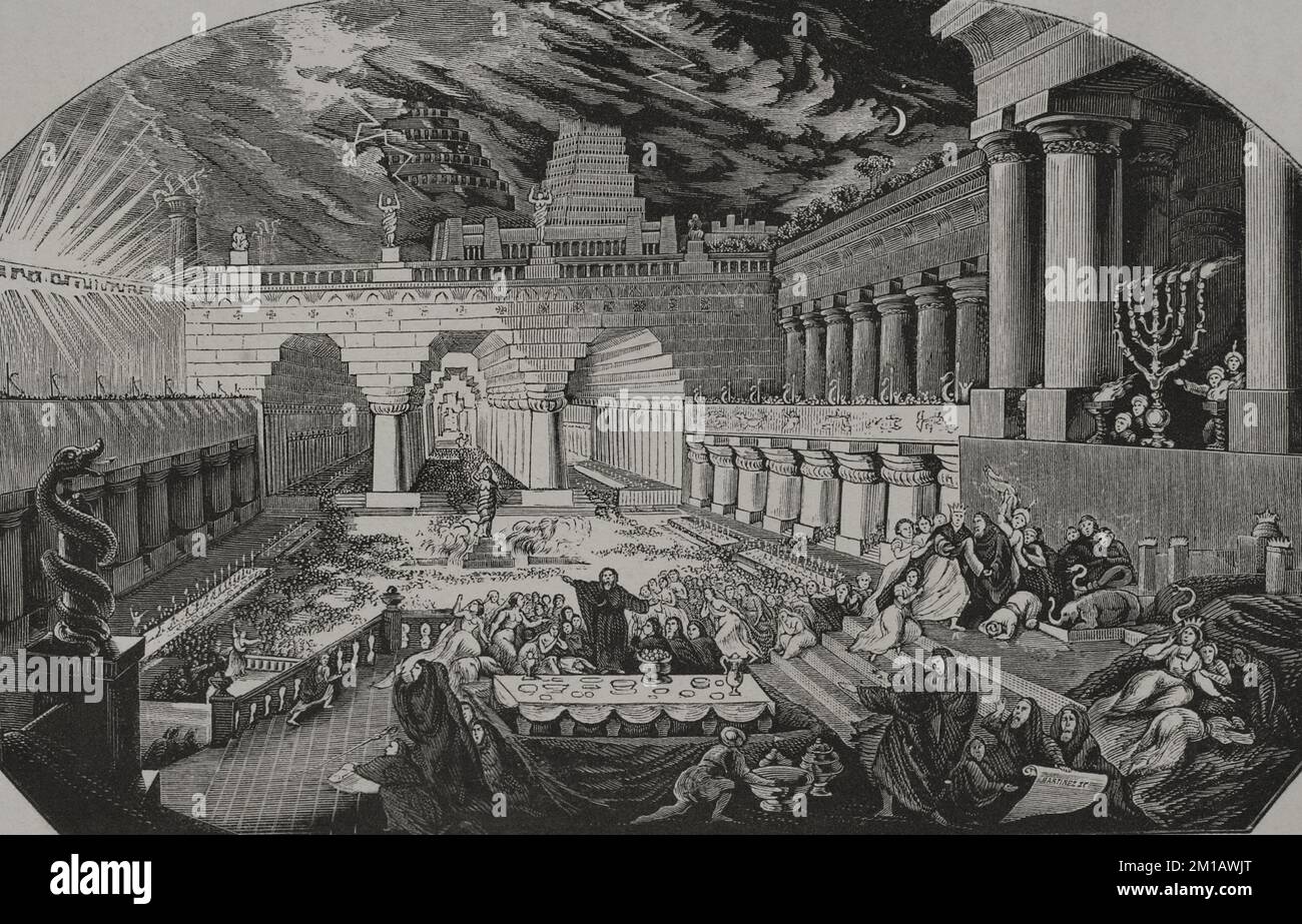 Vecchio Testamento. Libro di Daniel. Festa di Belshazzar. Incisione. "Los Héroes y las Grandezas de la Tierra". Volume I. 1854. Foto Stock