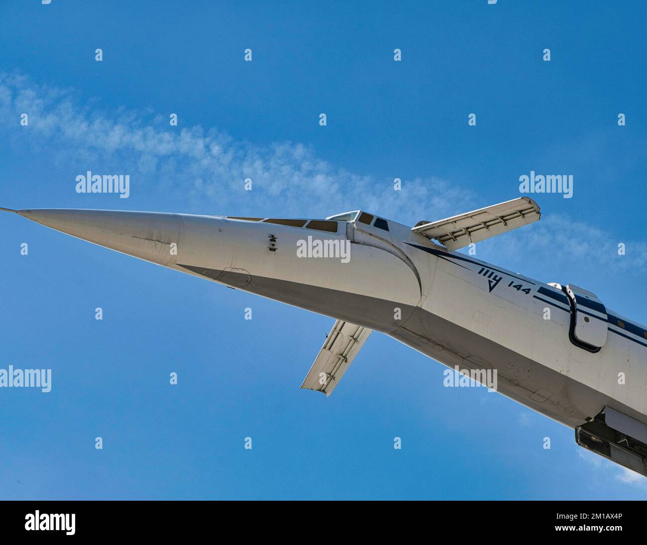 Sezione naso di un aereo di linea supersonico Tupolev tu-144 in mostra al Museo Technik di Sinsheim, Speyer, Germania Foto Stock