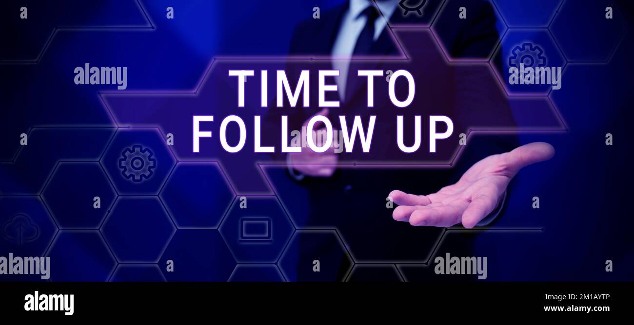 Didascalia di testo che presenta il tempo di follow-up. Parola scritta su richiesta dell'attività precedente o continuazione delle informazioni Foto Stock