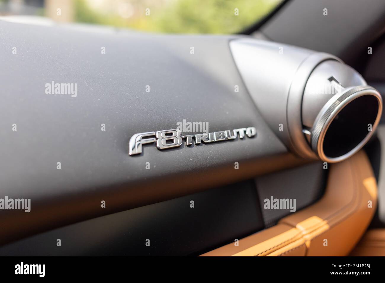 Slovenia, Lubiana - 2 giugno 2022: Red Ferrari F8 Tributo Italian Luxury sports car interior Foto Stock