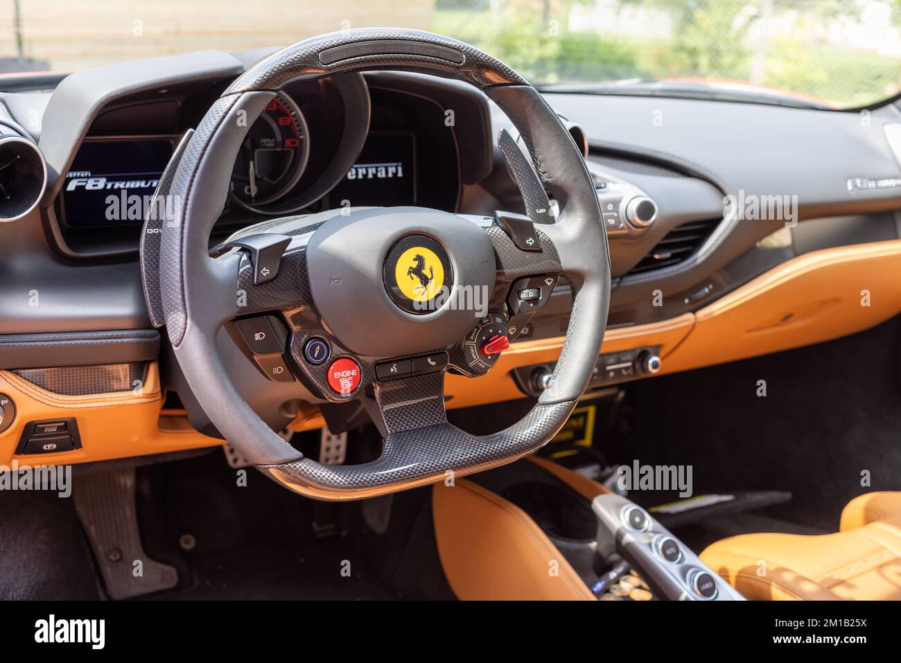 Slovenia, Lubiana - 2 giugno 2022: Red Ferrari F8 Tributo Italian Luxury sports car interior Foto Stock