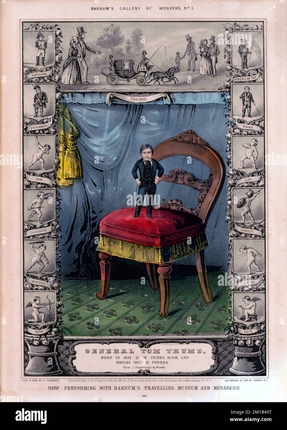 Illustrazione del generale Tom Thumb, Charles Sherwood Stratton (1838 – 1883), del generale Tom Thumb, nano americano e performer sotto il pioniere del circo P. T. Barnum. Foto Stock