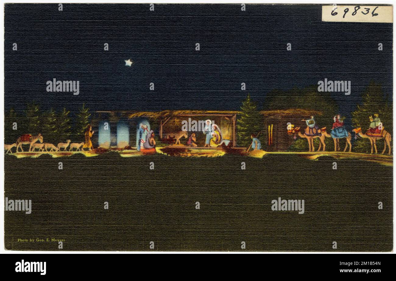 Visita Hartford dal 18 dicembre al 1 gennaio. Una sorprendente riproduzione della scena del presepe, con figure a grandezza naturale prima di un palcoscenico illuminato di 100 metri, grazie al prato della vecchia casa di stato di Hartford durante la stagione delle festività natalizie. , Enti governativi, Tichnor Brothers Collection, cartoline degli Stati Uniti Foto Stock