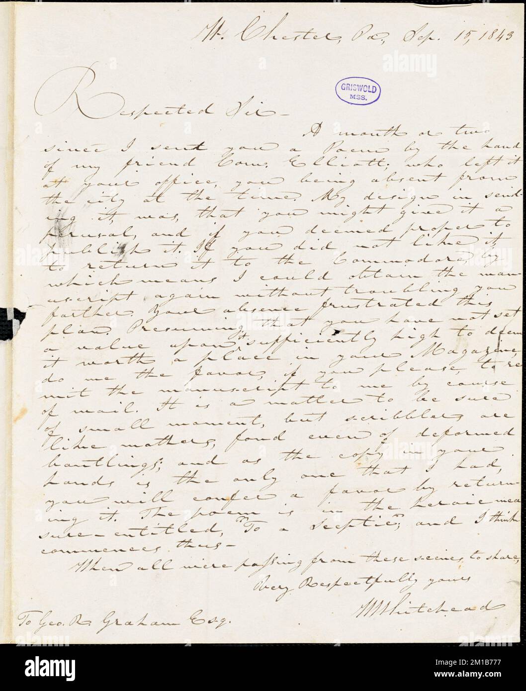 Whitehead, West Chester, PA., lettera autografa firmata a George R. Graham, 15 settembre 1843 , letteratura americana, 19th ° secolo, Storia e critica, Autori, Americano, 19th ° secolo, corrispondenza, Autori ed editori, Poeti, Americano, 19th ° secolo, corrispondenza. Cartine Rufus W. Griswold Foto Stock