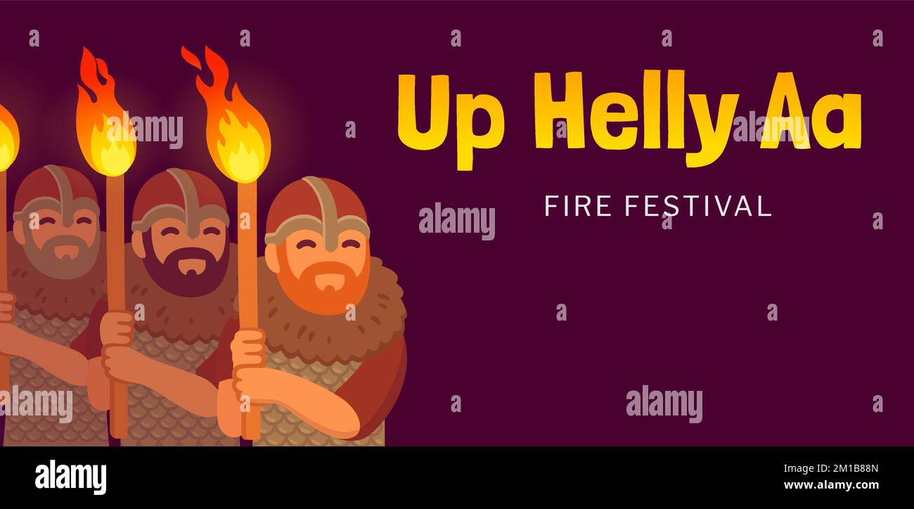 Fino al banner del festival del fuoco di Helly AA. Processione dei vichinghi in costume con torce, illustrazione vettoriale dei cartoni animati. Illustrazione Vettoriale