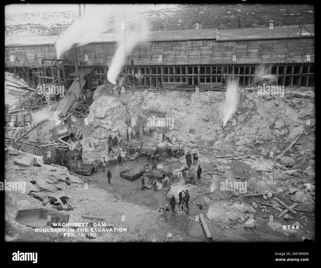 Wachusett Dam, massi nello scavo, Clinton, Mass., 12 febbraio 1901 , acquedotto, dighe, cantieri Foto Stock