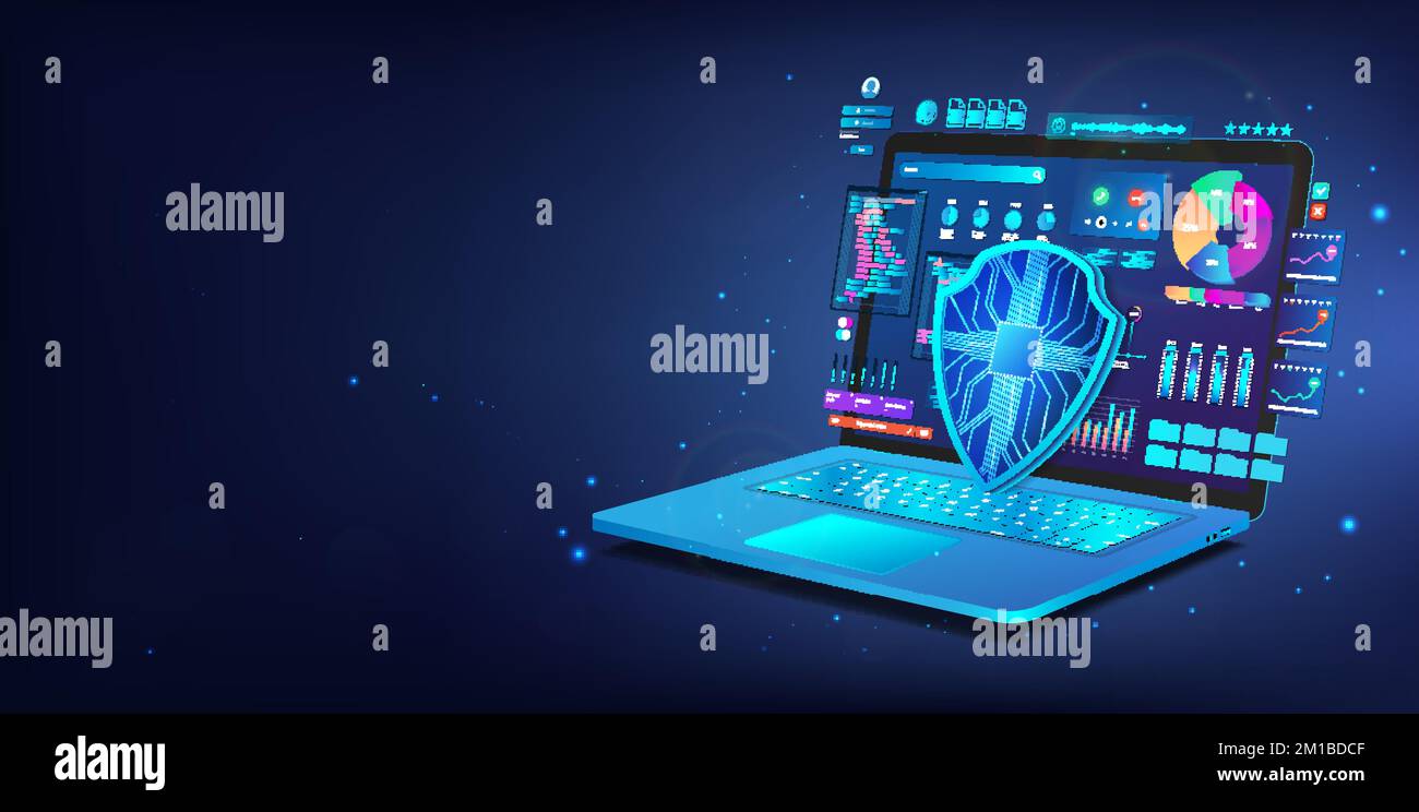 Computer portatile blu con dati personali su display e schermo 3D. Concetto di sicurezza informatica Illustrazione Vettoriale