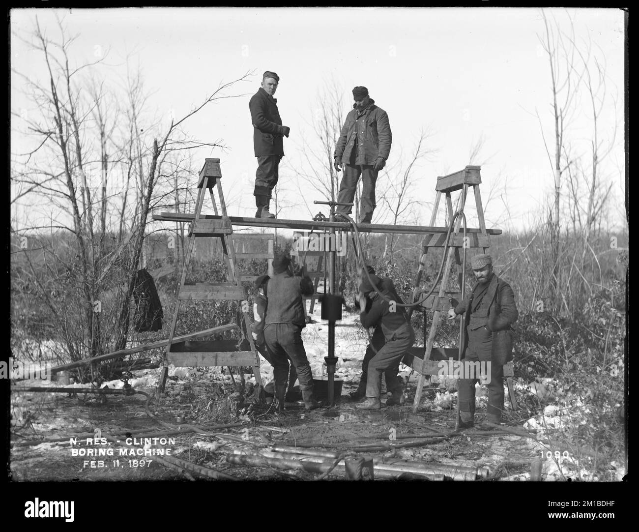 Wachusett Reservoir, macchina di perforazione, Clinton, Mass., 11 febbraio, 1897 , opere d'acqua, serbatoi strutture di distribuzione dell'acqua, macchinari di perforazione Foto Stock
