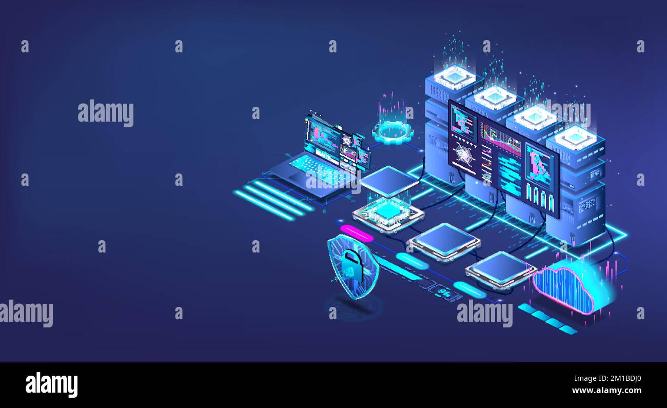 Data Processing Center e Cloud Storage. Memorizzazione digitale isometrica Illustrazione Vettoriale