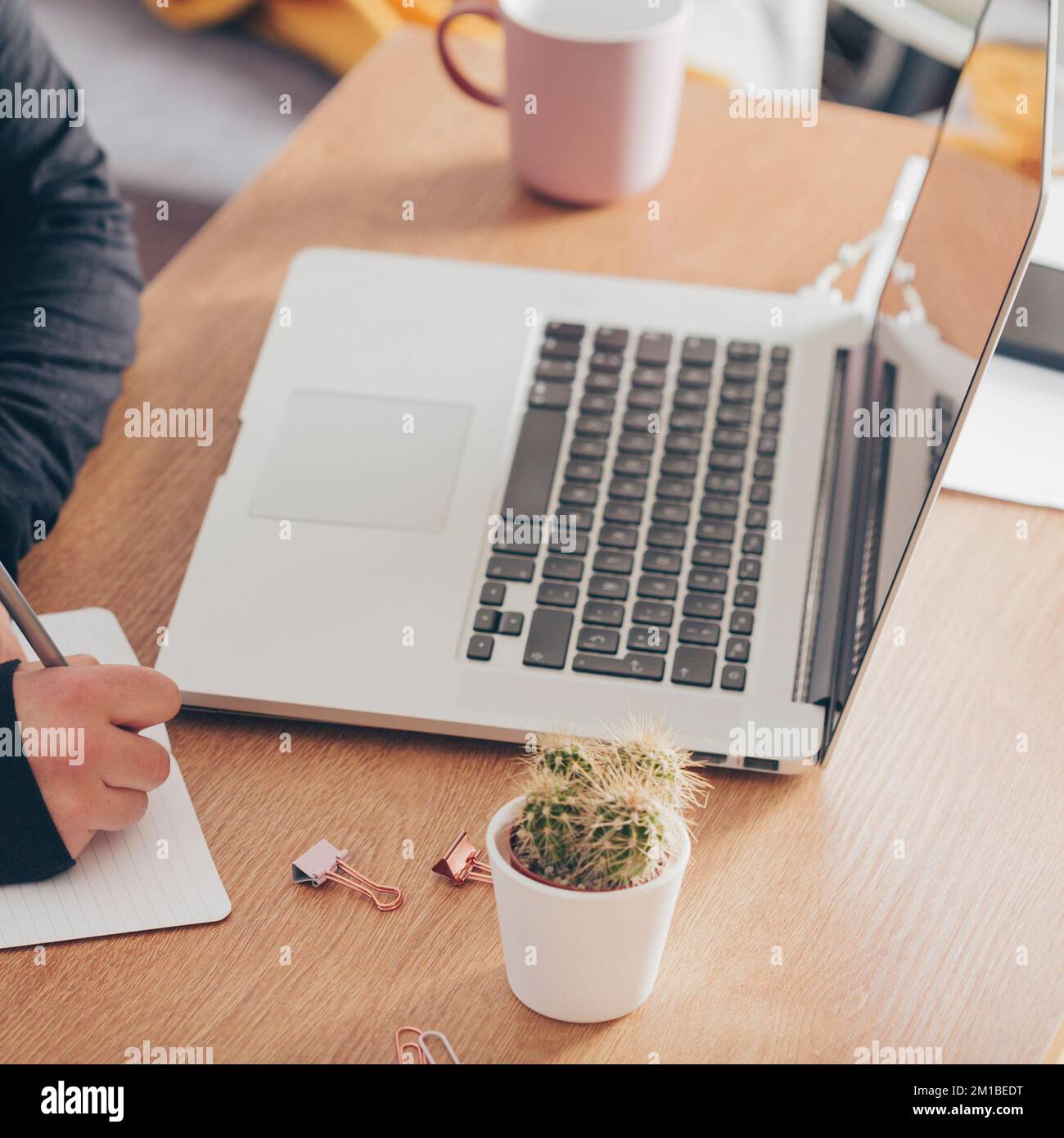 Vista dall'alto della donna d'affari sul suo spazio di lavoro. Scrivania con computer portatile, diario e caffè. Foto Stock