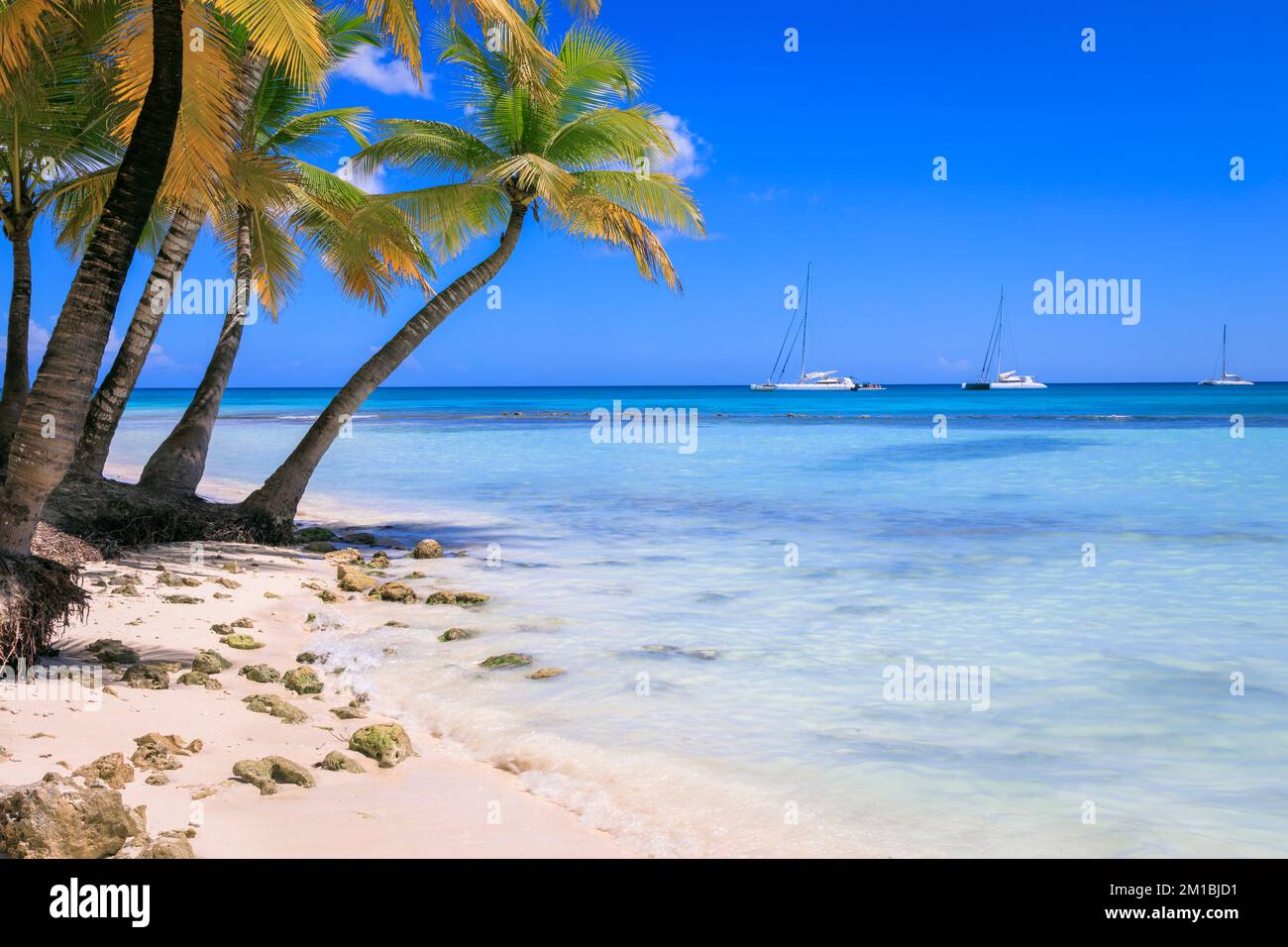 Idilliaca spiaggia tropicale caraibica con barche a vela, Punta Cana, Repubblica Dominicana Foto Stock