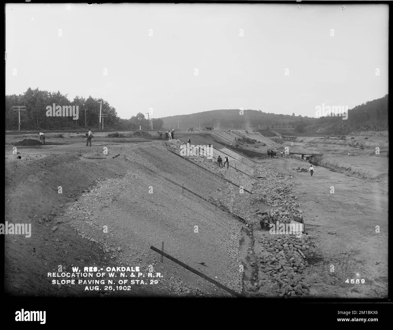 Serbatoio di Wachusett, trasferimento di Worcester, Nashua & Portland Division di Boston & Maine Railroad, pendenza pavimentazione a nord della stazione 29, Oakdale, West Boylston, Mass., agosto 26, 1902 , opere d'acqua, serbatoi strutture di distribuzione idrica, infrastrutture ferroviarie, cantieri Foto Stock