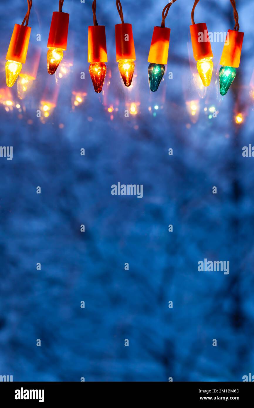 Natale luci sulla finestra al crepuscolo e alberi coperti di neve all'esterno. Scatto verticale con spazio per il testo Foto Stock