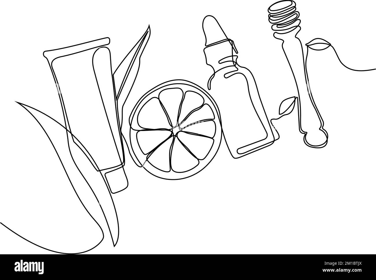 Disegno continuo di una linea di bottiglie con olio o miele o succo di limone o lime per lo scrubbing e la cura della pelle del corpo con prodotti naturali per la cura della pelle alle erbe, vista dall'alto degli ingredienti. Illustrazione vettoriale Illustrazione Vettoriale