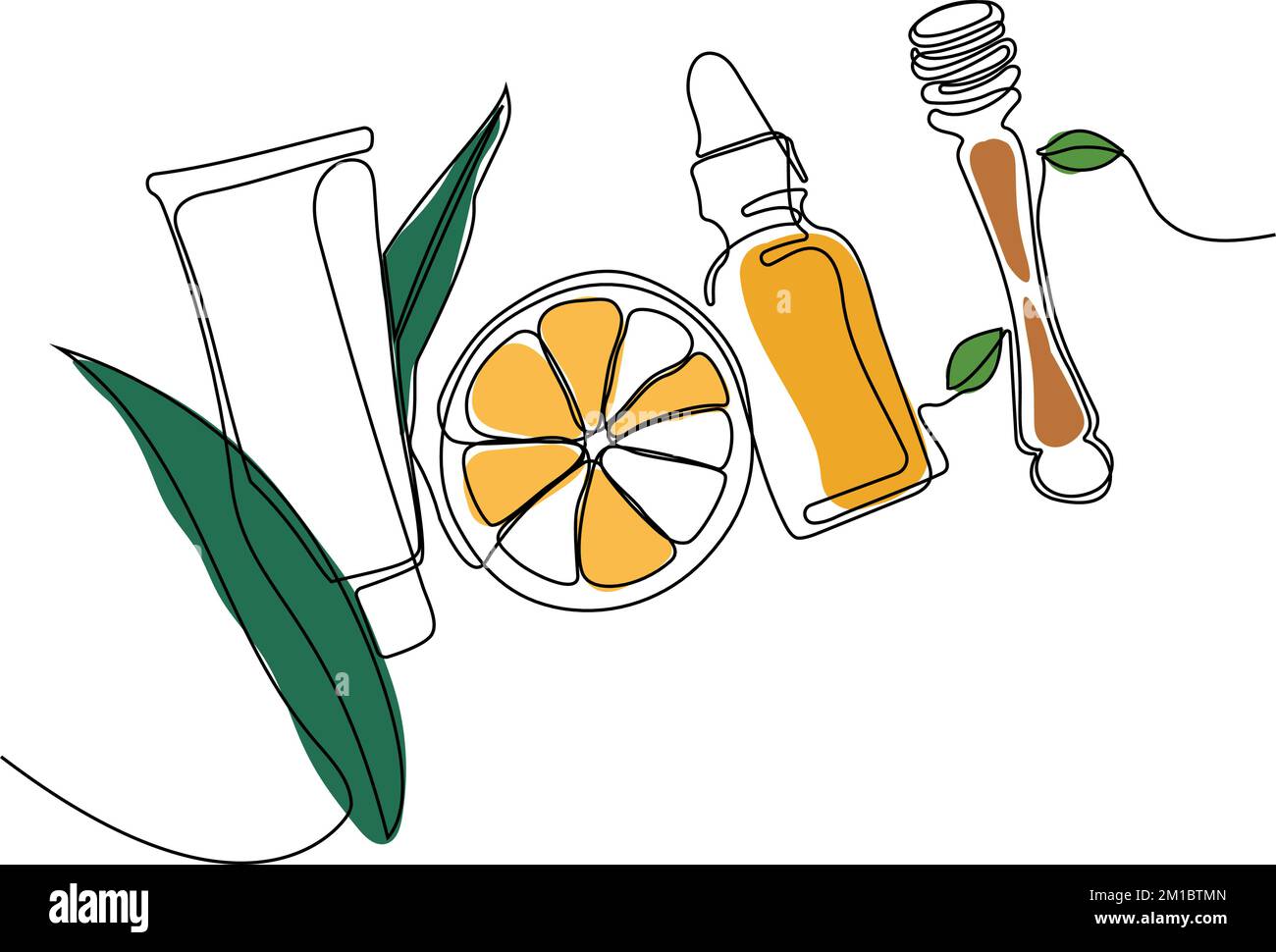 Disegno continuo di una linea di bottiglie con olio o miele o succo di limone o lime per lo scrubbing e la cura della pelle del corpo con prodotti naturali per la cura della pelle alle erbe, vista dall'alto degli ingredienti. Illustrazione vettoriale Illustrazione Vettoriale
