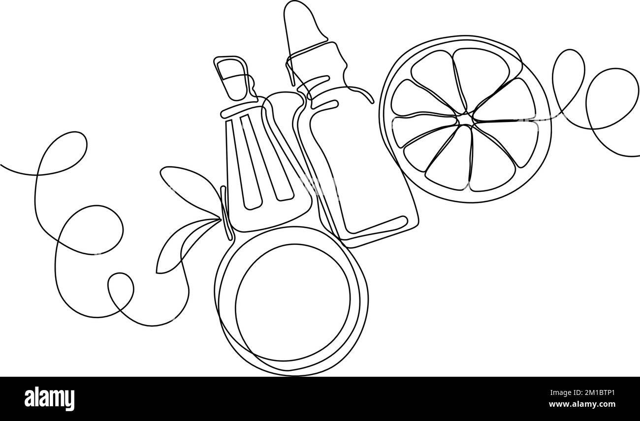Disegno continuo di una linea di bottiglie con olio o miele o succo di limone o lime per lo scrubbing e la cura della pelle del corpo con prodotti naturali per la cura della pelle alle erbe, vista dall'alto degli ingredienti. Illustrazione vettoriale Illustrazione Vettoriale