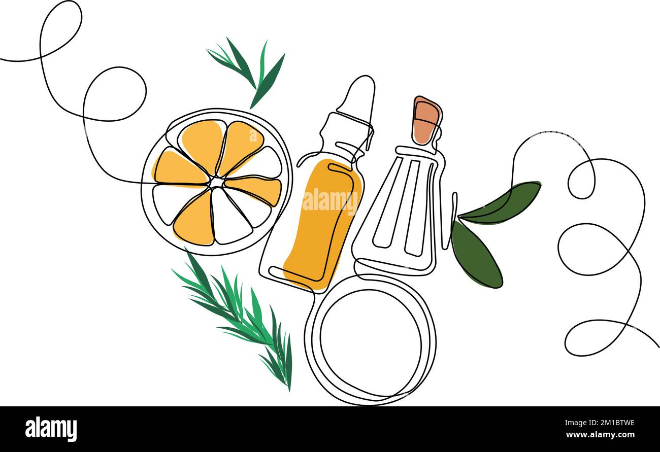 Disegno continuo di una linea di bottiglie con olio o miele o succo di limone o lime per lo scrubbing e la cura della pelle del corpo con prodotti naturali per la cura della pelle alle erbe, vista dall'alto degli ingredienti. Illustrazione vettoriale Illustrazione Vettoriale