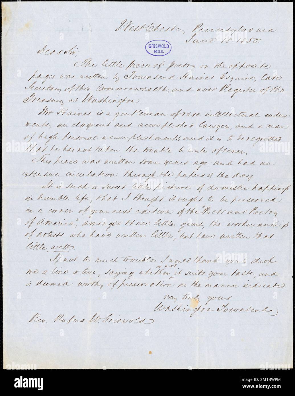 Washington Townsend, West Chester, PA., lettera autografa firmata a R. W. Griswold, 18 giugno 1850 , letteratura americana, 19th ° secolo, Storia e critica, Autori, Americano, 19th ° secolo, corrispondenza, Autori ed editori, Poeti, Americano, 19th ° secolo, corrispondenza. Cartine Rufus W. Griswold Foto Stock