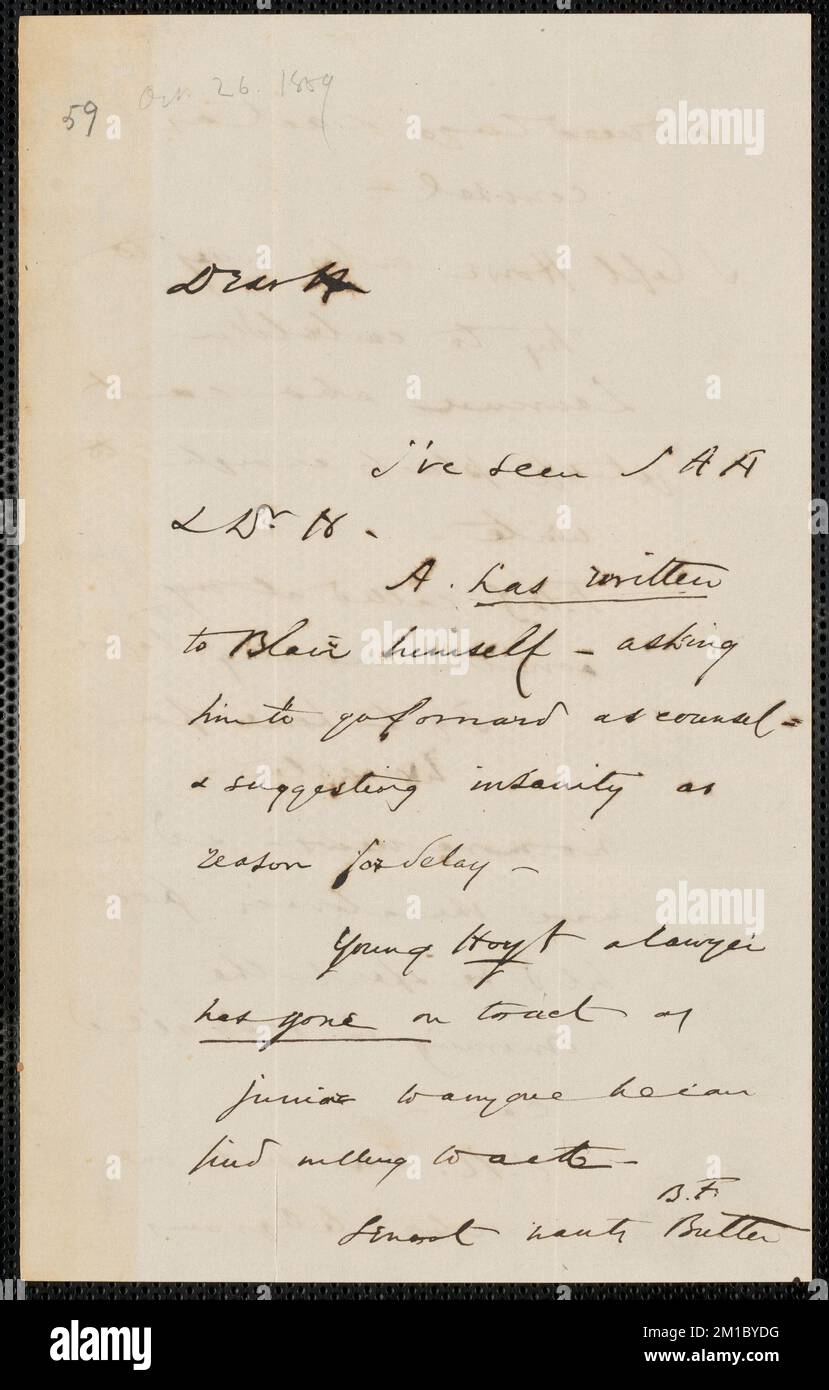 Lettera autografa Wendell Phillips firmata a Thomas Wentworth Higginson, [26 ottobre 1859] , abolizionisti, Stati Uniti, movimenti antislavery, Stati Uniti, Storia, 19th ° secolo, Harpers Ferry W. Virginia, Storia, RAID di John Brown, 1859, Brown, John, 1800-1859, Blair, Montgomery, 1813-1883, George Henry, 1837-1877, Sennott, George, Butler, Benjamin F. Benjamin Franklin, 1818-1893. John Brown- corrispondenza relativa a John Brown e al raid su Harpers Ferry Foto Stock