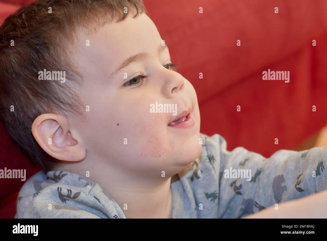 ritratto di un giovane ragazzo espressivo a casa Foto Stock