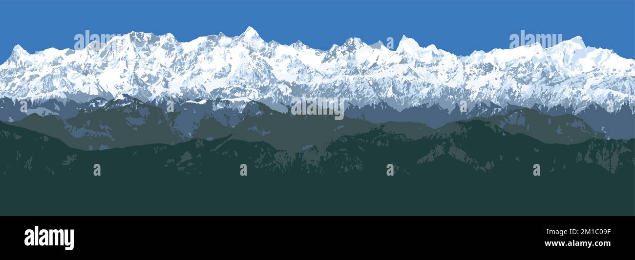 Grande catena himalayana, Himalayas montagne vettoriali illustrazione, montagna innevata di colore bianco e blu Illustrazione Vettoriale