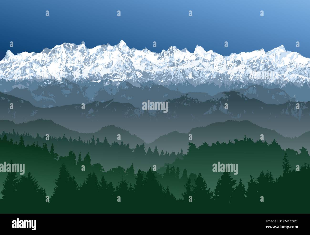 Grande catena himalayana con boschi, Himalayas montagne vettoriali illustrazione, innevata montagna di colore bianco e blu Illustrazione Vettoriale