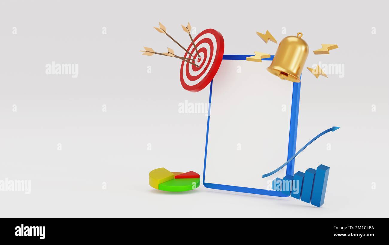 Appunti con white paper, campanello d'oro e business chart con dart board per business planning concept, rendering 3D. Foto Stock