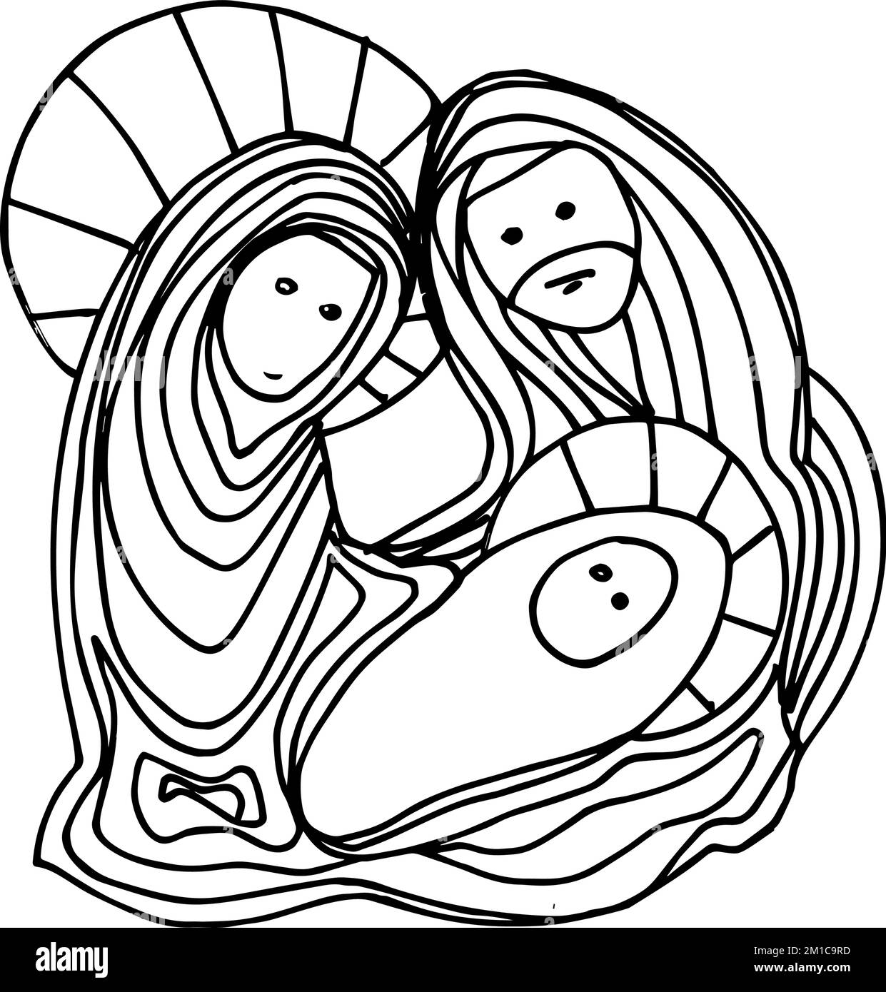 Illustrazione in bianco e nero a colori per buon Natale e buon anno Print Design. Presepe natalizio di Giuseppe e Maria che tiene Gesù Bambino Illustrazione Vettoriale