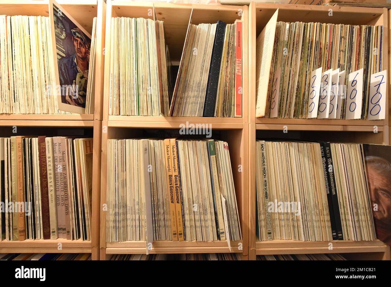 08 dicembre 2022, Sassonia, Jesewitz: Nella cantina della sua casa, il collezionista di dischi Uwe Winkler si trova tra i 17.000 dischi in vinile pressati nella RDT. In oltre 40 anni, l'ingegnere laureato e pirotecnico ha raccolto quasi tutti i titoli record del 11.000 e molte varianti di essi che sono stati pressati a Babelsberg e Mosca nella ex RDT tra il 1956 e il 1990. Sugli scaffali, che sono riempiti da soffitto a pavimento di dischi, ci sono album disposti per numero di catalogo, che vanno dalla musica folk, le canzoni dei lavoratori e lotta alla musica classica e dischi per le lezioni scolastiche. Dal suo hobby, Foto Stock