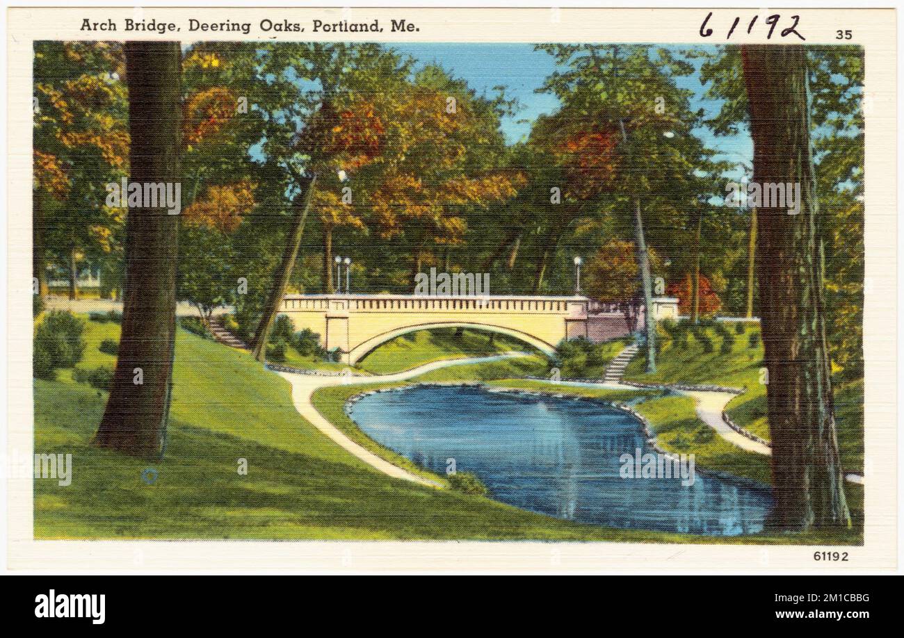 Arch Bridge, Deering Oaks, Portland, Me. , Bridges, Tichnor Brothers Collection, cartoline degli Stati Uniti Foto Stock