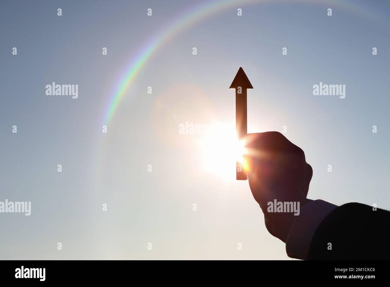 La scelta della mano e tenuta una freccia che aumenta alto e gli stock finanziano l'economia la crescita dell'industria l'investimento il concetto di successo dell'obiettivo Foto Stock