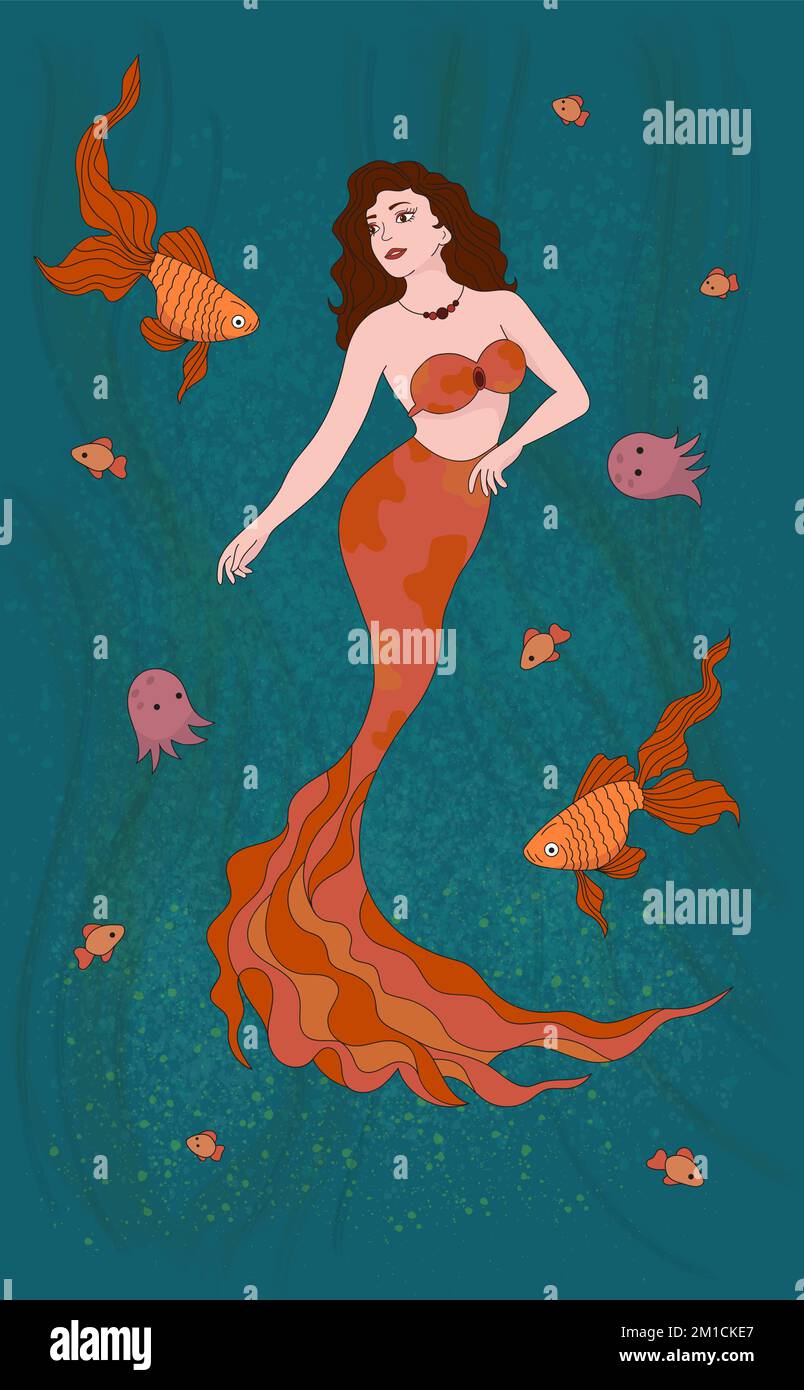Illustrazione di una sirena con capelli castani e coda arancione. Intorno al mare con alghe. E anche gli abitanti del mare, meduse, pesci. Illustrazione Vettoriale