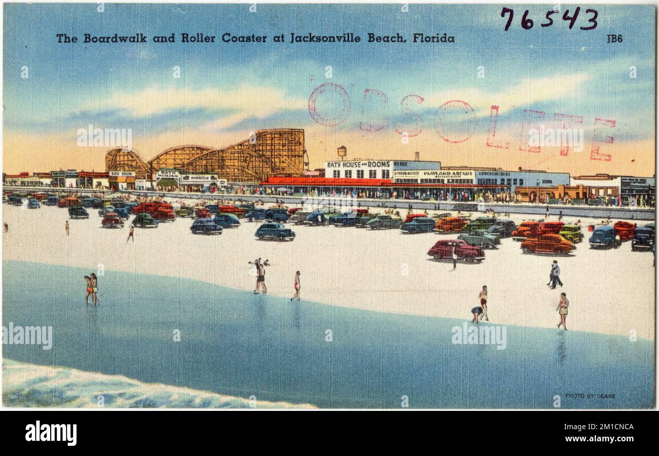 Il lungomare e le montagne russe a Jacksonville Beach, Florida, passerelle, spiagge, giostre, Tichnor Brothers Collection, cartoline degli Stati Uniti Foto Stock