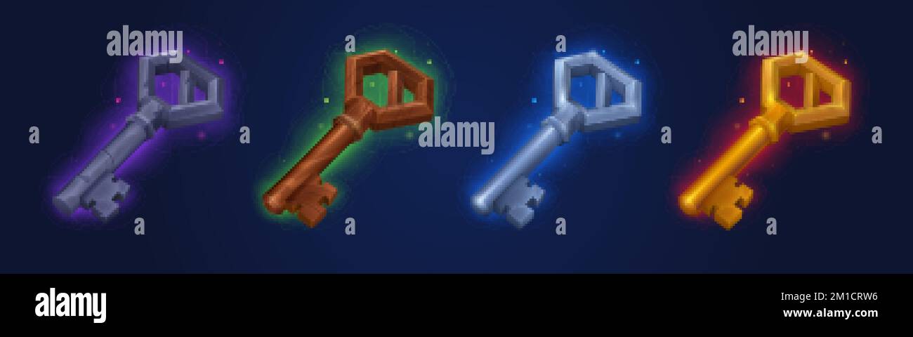 Icone dei puntelli di gioco, risorse dei giocatori. Elementi dell'interfaccia utente in pietra, legno, metallo e scheletro dorato con misteriosa luce e scintille. Grafica cartoon per Illustrazione Vettoriale