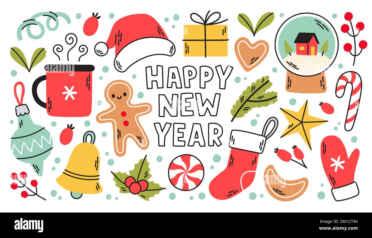 Cute sketch doodle felice anno nuovo set con santa cappello, presente, globo di neve, calze, mittens, giocattoli Illustrazione Vettoriale